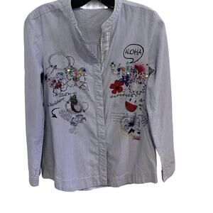 Desigual Women's Bleu /White Stripe `` Some Thing`` Embroidered Blouse - S